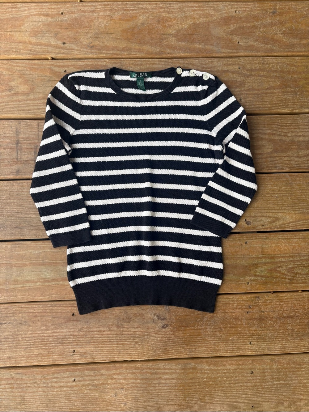 Ralph Lauren Navy & White Striped Boatneck Sweater with Shoulder Buttons
